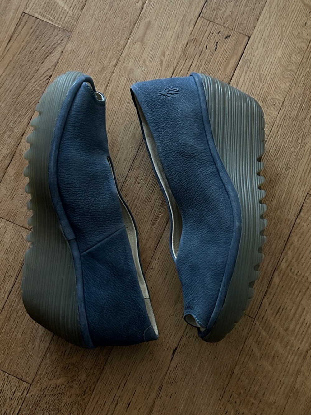 Fly London Navy Suede Platform Wedges peep toe 37